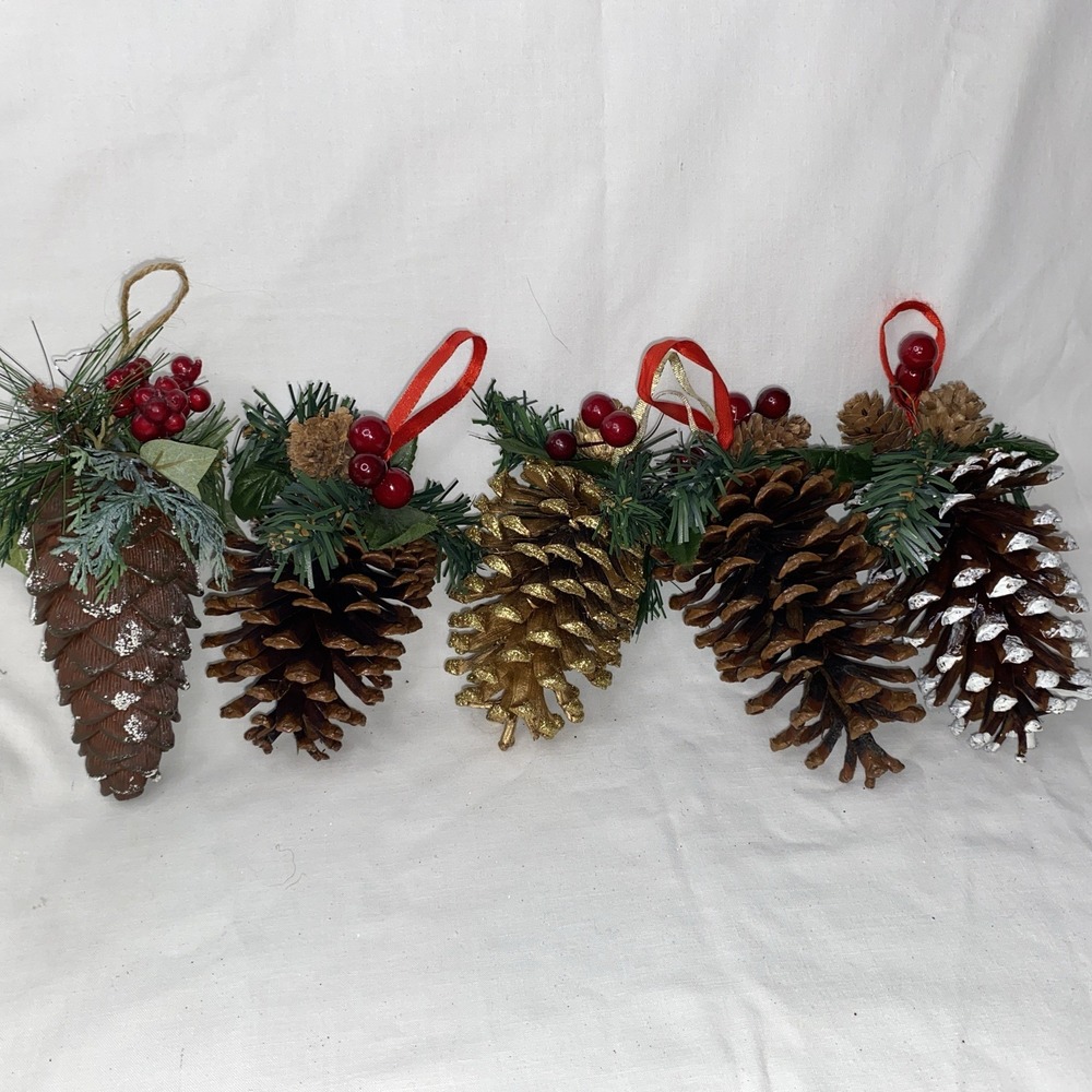 Lot Of 5 Assorted‎ Pinecone Christmas Ornaments